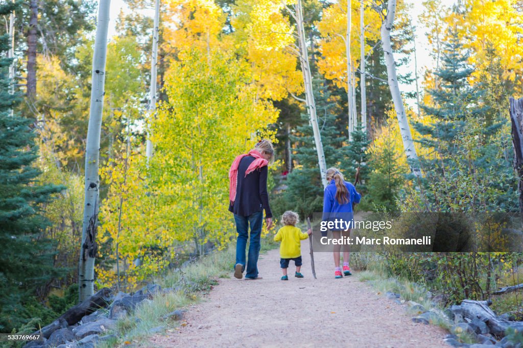 Caucasian mother and children hiking on dirt path in forest