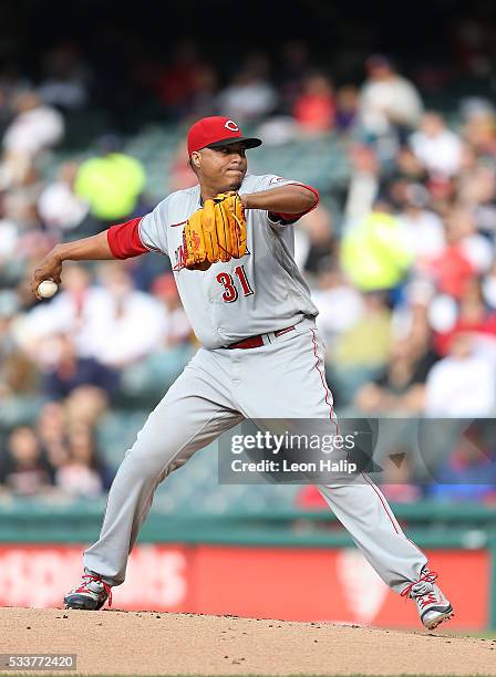 Alfredo Simon of the Cincinnati Reds pitches during the first inning of the interleague game against the Cleveland Indians on May 17, 2016 at...