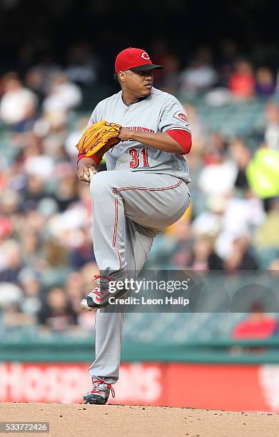 Alfredo Simon of the Cincinnati Reds pitches during the first inning of the interleague game against the Cleveland Indians on May 17, 2016 at...