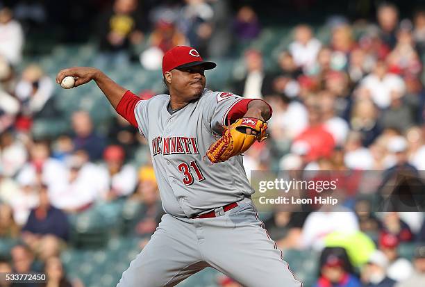 Alfredo Simon of the Cincinnati Reds pitches during the first inning of the interleague game against the Cleveland Indians on May 17, 2016 at...