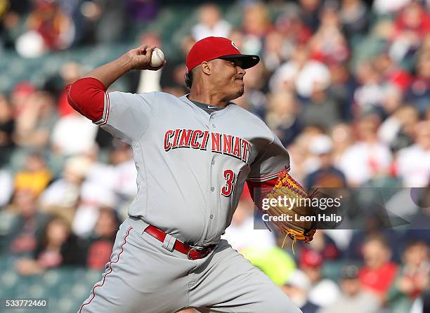 Alfredo Simon of the Cincinnati Reds pitches during the first inning of the interleague game against the Cleveland Indians on May 17, 2016 at...