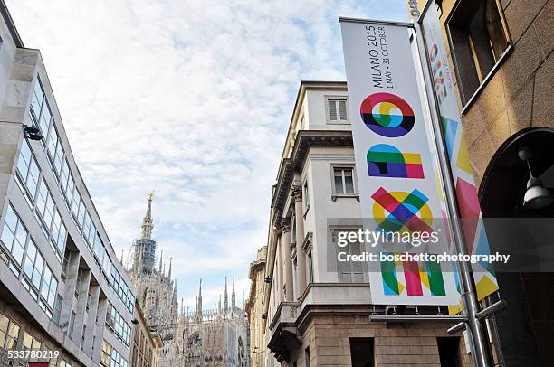 milan expo 2015 banner - expo milan 2015 stock pictures, royalty-free photos & images