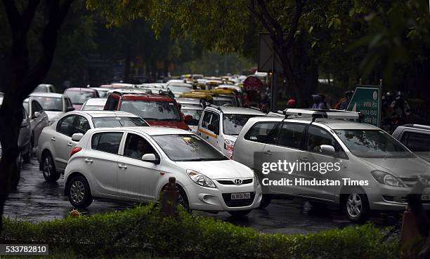 Traffic jam at Ashok Road due to rains on May 23, 2016 in New Delhi, India. Sudden rains brought respite for people in capital after a hot and humid...