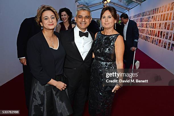 Saadiya Khan, Mayor of London Sadiq Khan and British Vogue editor Alexandra Shulman attend British Vogue's Centenary gala dinner at Kensington...