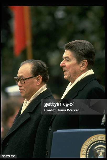 President Ronald Reagan and Chinese Premier Zhao Ziyang outside at the White House.