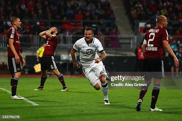 Haris Seferovic of Frankfurt celebrates his team's first goal during the Bundesliga Playoff Leg 2 between 1. FC Nuernberg and Eintracht Frankfurt at...