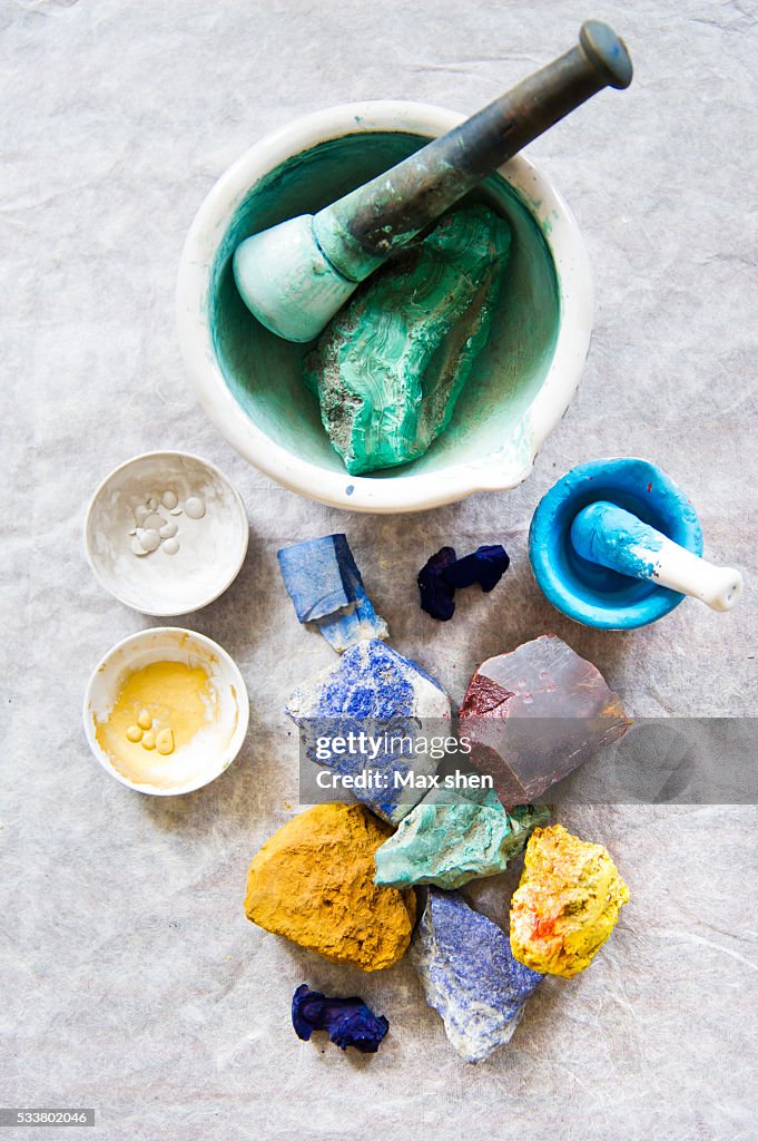 Colorful mineral pigments for painting Paubha