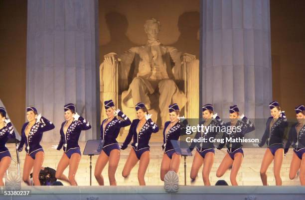 Radio City Rockettes performing at opening ceremonies of Presidential Inaugural weekend for George with Bush and Richard Cheney at Lincoln Memorial.