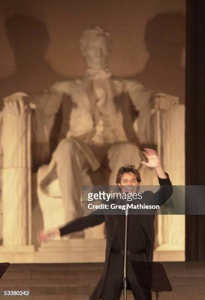 Singer Ricky Martin performing at opening ceremonies of Presidential Inaugural weekend for George with Bush and Richard Cheney at Lincoln Memorial.