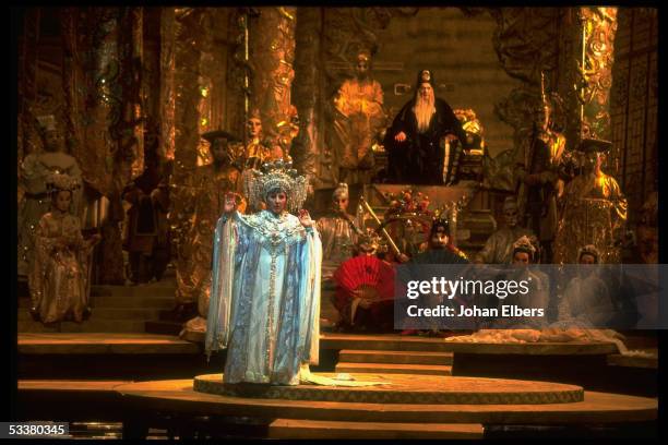 Soprano Ghena Dimitrova singing the title role in Franco Zefferelli's production of Puccini's "Turandot" on stage at the Metropolitan Opera.