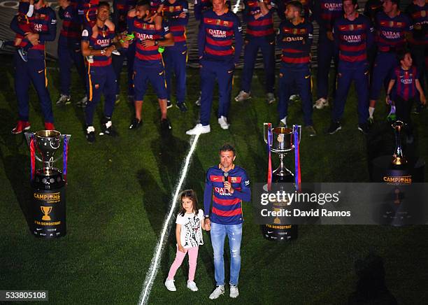 Head coach Luis Enrique of FC Barcelona speaks during the celebrations of La Liga and Copa del Rey trophies at the Camp Nou stadium on May 23, 2016...