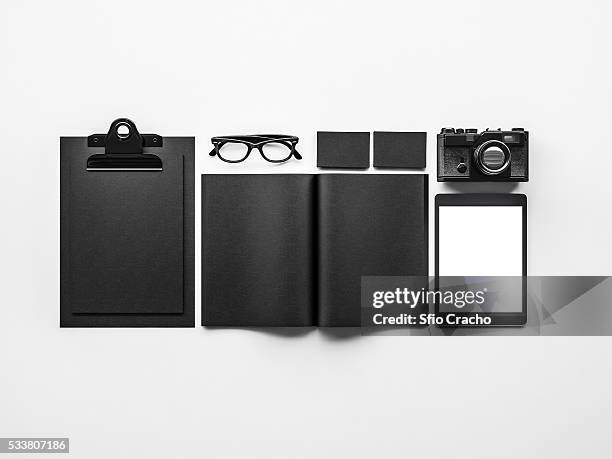 set of black mockup elements. 3d rendering - camera 3d render stock pictures, royalty-free photos & images