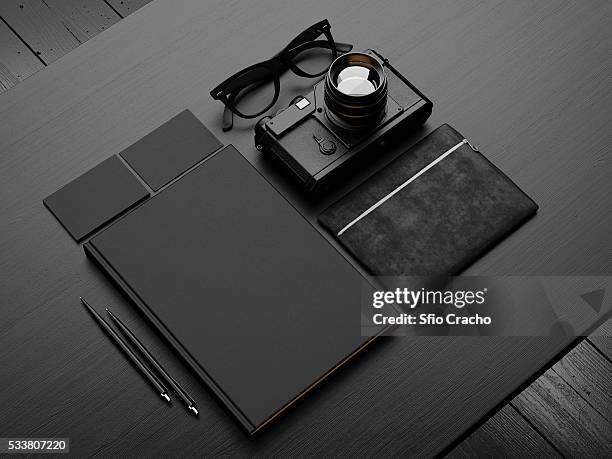set of black mockup on the table. 3d render - 3d render pencils stock-fotos und bilder