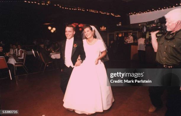 Aren Almon , mother of 1-yr-old Baylee killed in terrorist bombing of Alfred P. Murrah Federal Building, with husband Stan Kok at their wedding...