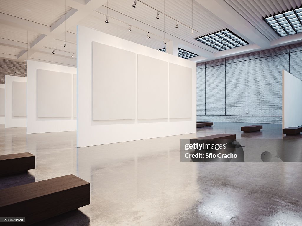 Mock up of empty gallery interior with white canvas