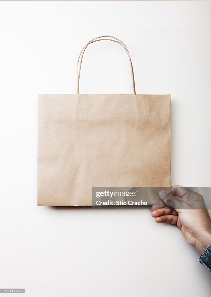 Person holding blank paper bag on white background