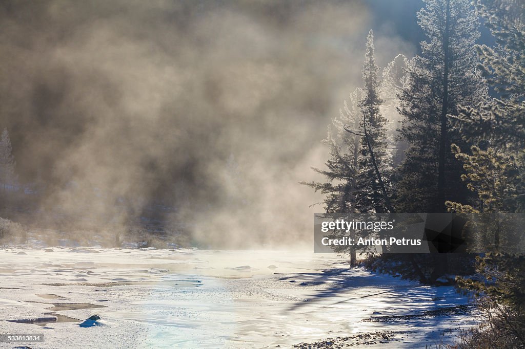 Winter landscape at dawn on the river