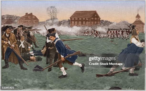 Print depicting colonists shooting back at the Redcoats during 'The Fight on Lexington Common,' the first military engagement of the American...