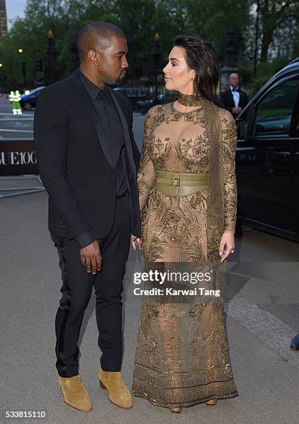 Kanye West and Kim Kardashian West arrive for the Gala to celebrate the Vogue 100 Festival at Kensington Gardens on May 23, 2016 in London, England.