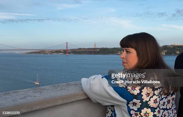 Portuguese artist Joana Vasconcelos contemplates the city from the top of the Padrao dos Descobrimentos during the public presentation of "WindArt",...