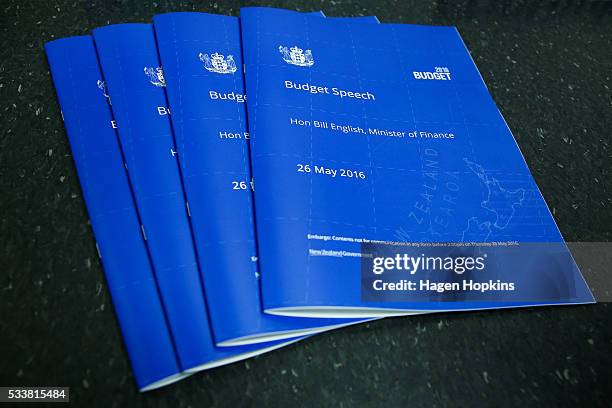 Copies of Finance Minister Bill English's budget speech during the printing of the budget at Printlink on May 24, 2016 in Wellington, New Zealand....