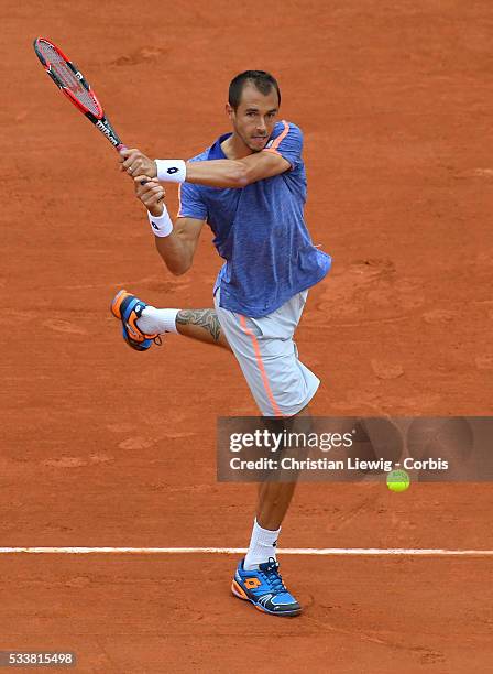 Lukas Rosol of the Czech Republic during the men's singles first round at Roland Garros on May 23, 2016 in Paris, France.