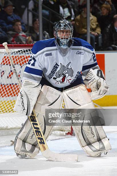 Patrick Ehelechner of the Sudbury Wolves stands outside of the crease as he follows the action during the Ontario Hockey League game against the...