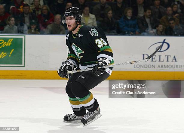 Brandon Prust of the London Knights skates during the Ontario Hockey League game against the Sudbury Wolves at John Labatt Centre on December 17,...