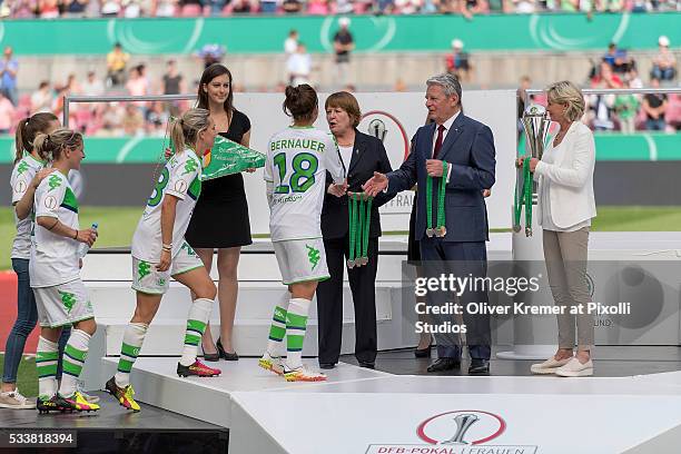 The President of Germany Joachim Gauck and Headcoach of the Women's German National Soccer Team Sylvia Neid congratulating the team of VFL Wolfsburg...