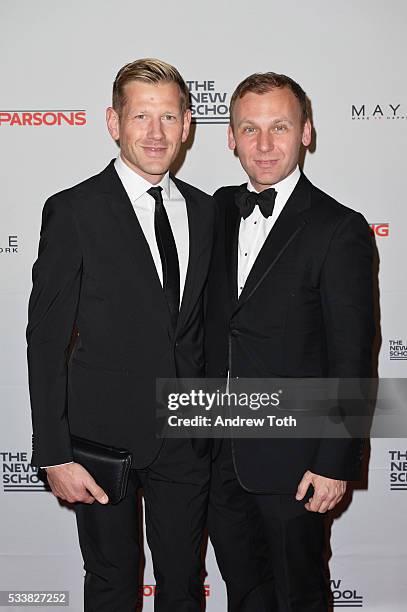 Designer Paul Andrew and Dean of Fashion at Parsons Burak Cakmak attend the 2016 Parsons Benefit at Chelsea Piers on May 23, 2016 in New York City.
