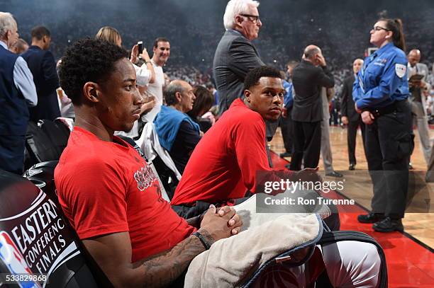 DeMar DeRozan and Kyle Lowry of the Toronto Raptors on the bench before facing the Cleveland Cavaliers for Game Four of the Eastern Conference Finals...