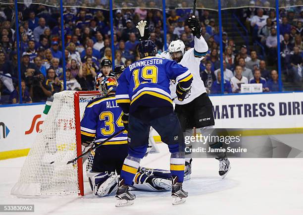 Joel Ward of the San Jose Sharks reacts after scoring a second period goal against the St. Louis Blues in Game Five of the Western Conference Final...