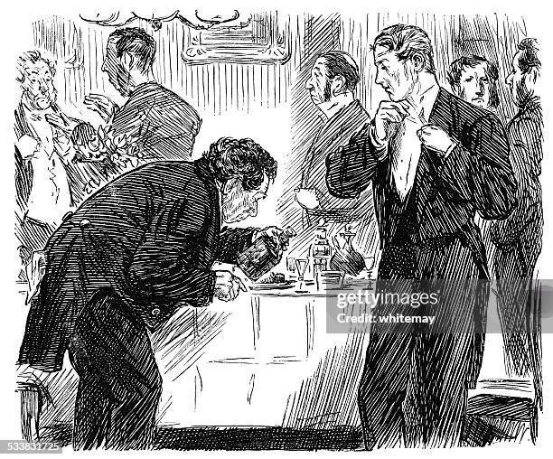 slightly drunk victorian man pouring a drink - empty decanter stock illustrations
