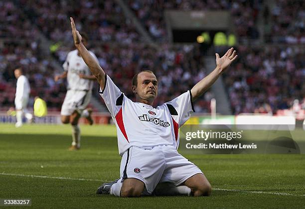 Danny Murphy of Charlton celebrates his goal from a free kick during the Barclays Premiership match between Sunderland and Charlton at the Stadium of...