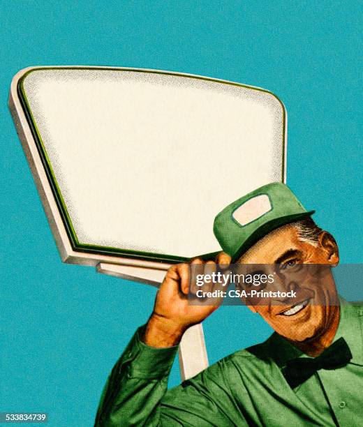 serviceman by a sign - fixing bowtie stock illustrations