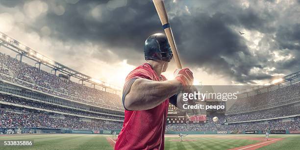 rear view of baseball batter about to hit during game - basebollträ bildbanksfoton och bilder