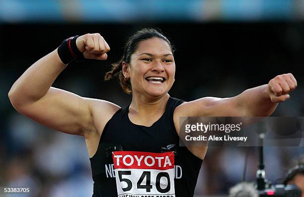 Valerie Vili of New Zeeland celebrates after she came third in the women's Shot Put final at the 10th IAAF World Athletics Championships on August...