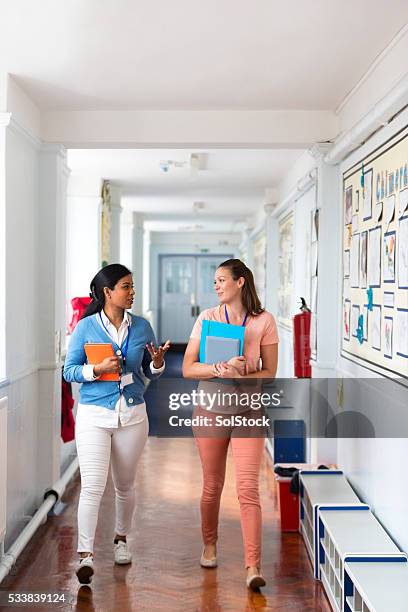 female teachers walking down hallway - woman standing looking down stock pictures, royalty-free photos & images
