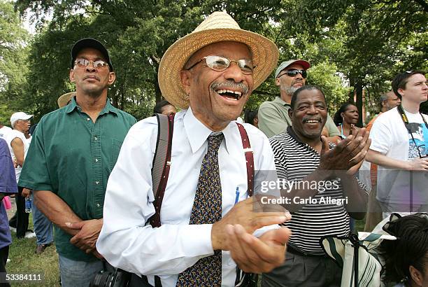 Protester Dr. Robert J. Smith from Memphis laughs during a protest against the name of Nathan Bedford Forrest Park August 13, 2005 in Memphis,...