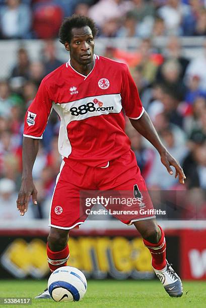 Ugo Ehiogu of Middlesbrough in action during the Barclays Premiership match between Middlesbrough and Liverpool on August 13, 2005 in Middlesbrough,...