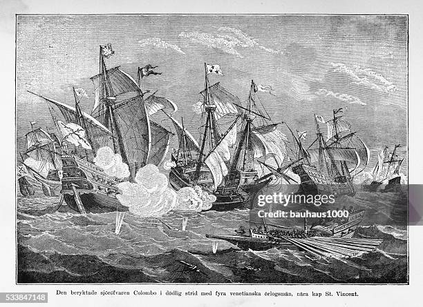 pirate colombo in combat against venetians engraving, circa 1400s - brigantine stock illustrations