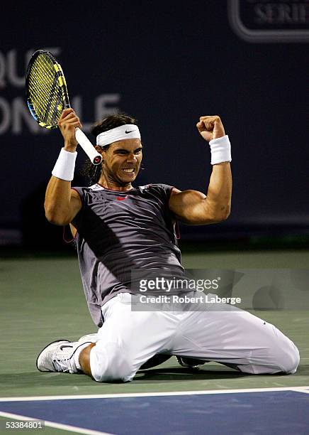 Rafael Nadal of Spain celebrates after defeating Paul-Henri Mathieu of France in their semifinals match during the ATP Rogers Cup Masters tennis...