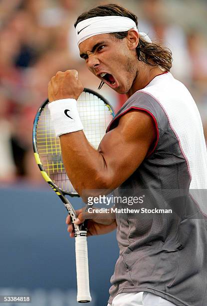 Rafael Nadal of Spain celebrates a point against Paul-Henri Matieu of France during the Rogers Cup on August 13, 2005 at Uniprix Stadium in Montreal,...