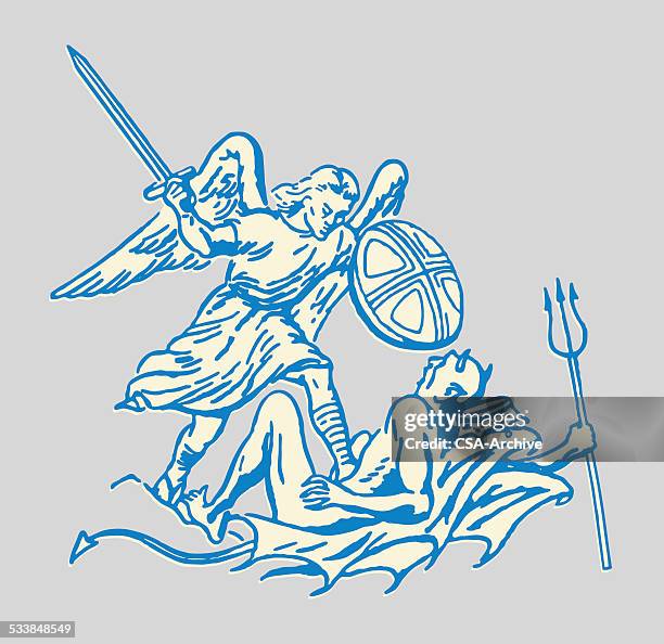 angel fighting with devil - devil angel stock illustrations