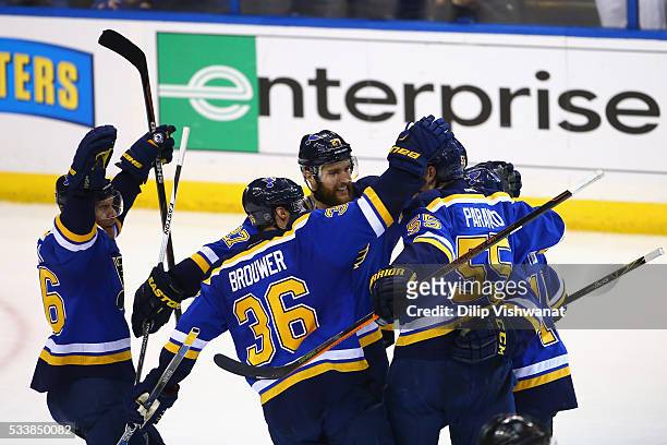 Robby Fabbri of the St. Louis Blues celebrates with teammates after scoring a second period goal against the San Jose Sharks in Game Five of the...