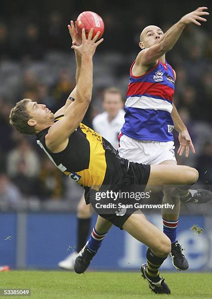 Greg Tivendale for Richmond and Nathan Eagleton for the Bulldogs in action during the AFL Round 20 match between the Richmond Tigers and Western...