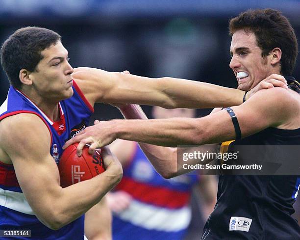 Will Minson for the Bulldogs and Brent Hartigan for the Tigers in action during the AFL Round 20 match between the Richmond Tigers and Western...