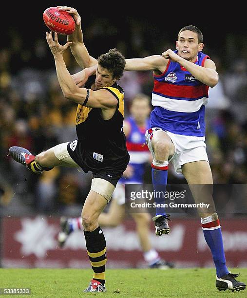 Troy Simmonds for Richmond and Wayde Skipper for the Bulldogs in action during the AFL Round 20 match between the Richmond Tigers and Western...