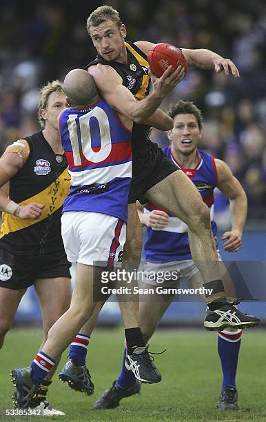 Shane Tuck for Richmond and Nathan Eagleton for the Bulldogs in action during the AFL Round 20 match between the Richmond Tigers and Western Bulldogs...