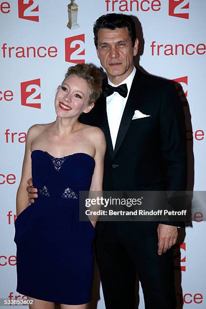 Winner of "Moliere de la Revelation feminine" for "Le poisson Belge", actress Geraldine Martineau and Singer Marc Lavoine attends "La 28eme Nuit des...